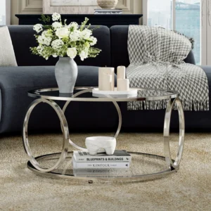 Round Glass Coffee Table with Open Storage
